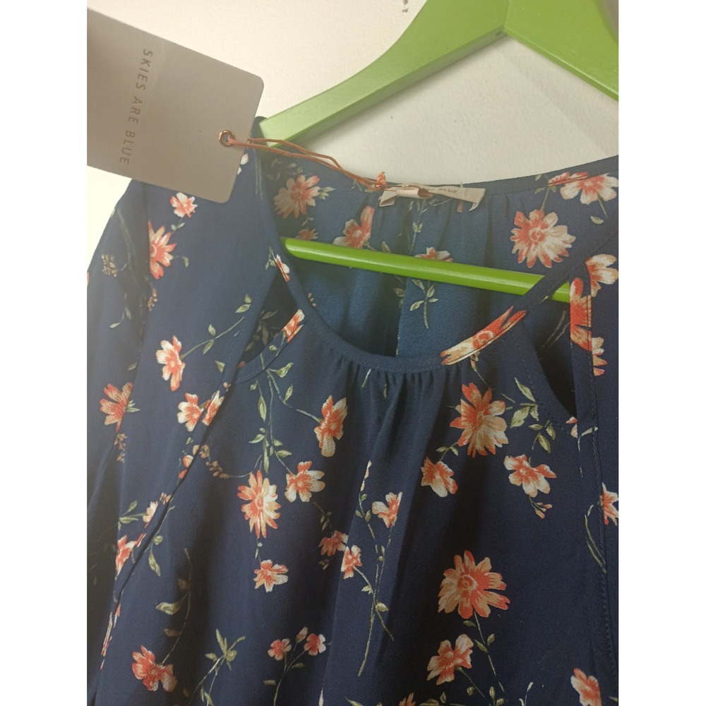 Skies Are Blue Navy Floral Long Sleeve Blouse Cutout Neck Ruffle Cuff M 41724 - Picture 3 of 6